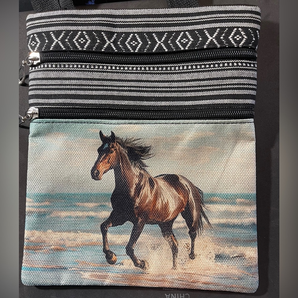 Horse Print Oil Painting Styled Crossbody Bag, 2 Side Zip Pockets 9.5x8 NEW